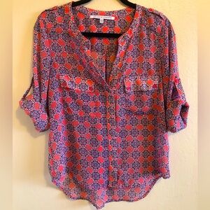 Collective Concepts Coral Navy Sheer Blouse Resort Style Size XS Petite